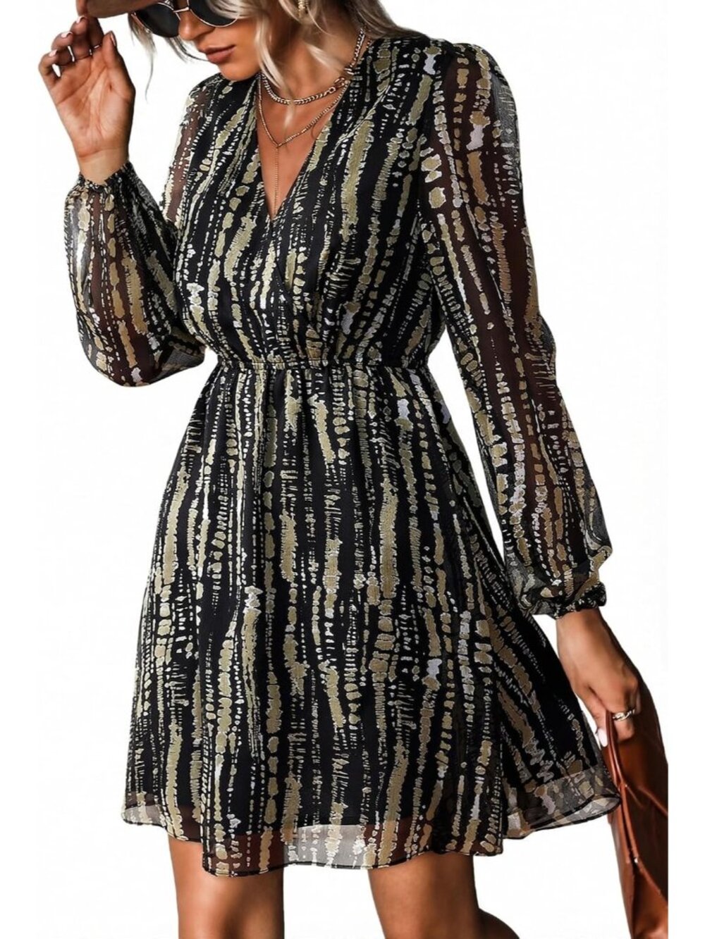Women's Black Fall Floral Long Sleeve V Neck Boho Mini Wedding Guest Dresses